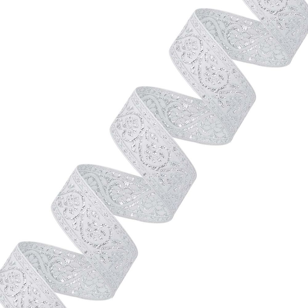 Лента (тесьма) жаккардовая 32.0 мм / 25±1 метров, с метанитом рис. 9819, белый/серебро, С3104Г17