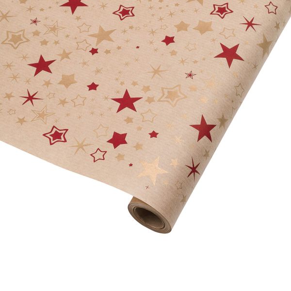 Бумага упаковочная крафт 40 г/м², 70 см / 10 метров, Звезды, красный/золото