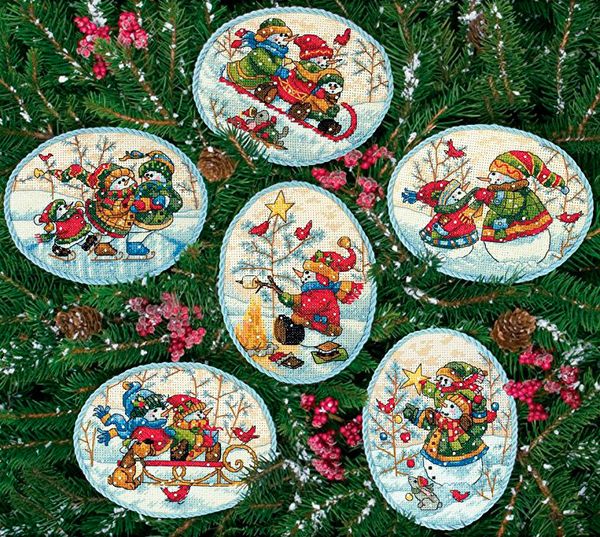 Набор для вышивания нитками Dimensions, Игривые снеговики, 11х9 см