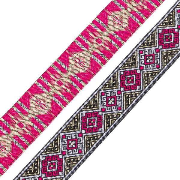 Лента (тесьма) жаккардовая 35.0 мм / 7 метров, золото/малиновый, 4101-1
