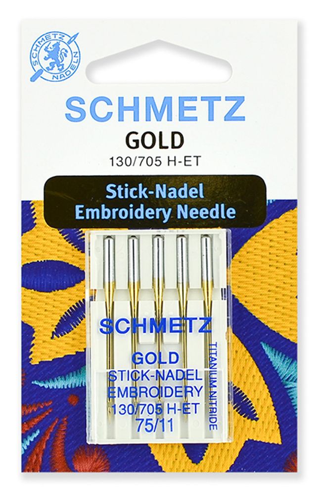 Иглы для швейных машин для вышивки Schmetz Gold, титаниум Schmetz 130/705H-ET №75, уп. 5 игл