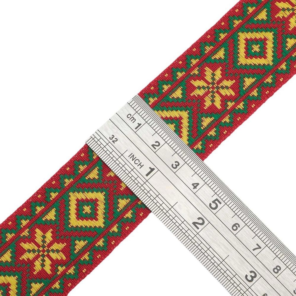 Лента (тесьма) жаккардовая 32.0 мм / 25±1 метров, рис. 9472, (красный/желтый/зеленый) С1853Г17