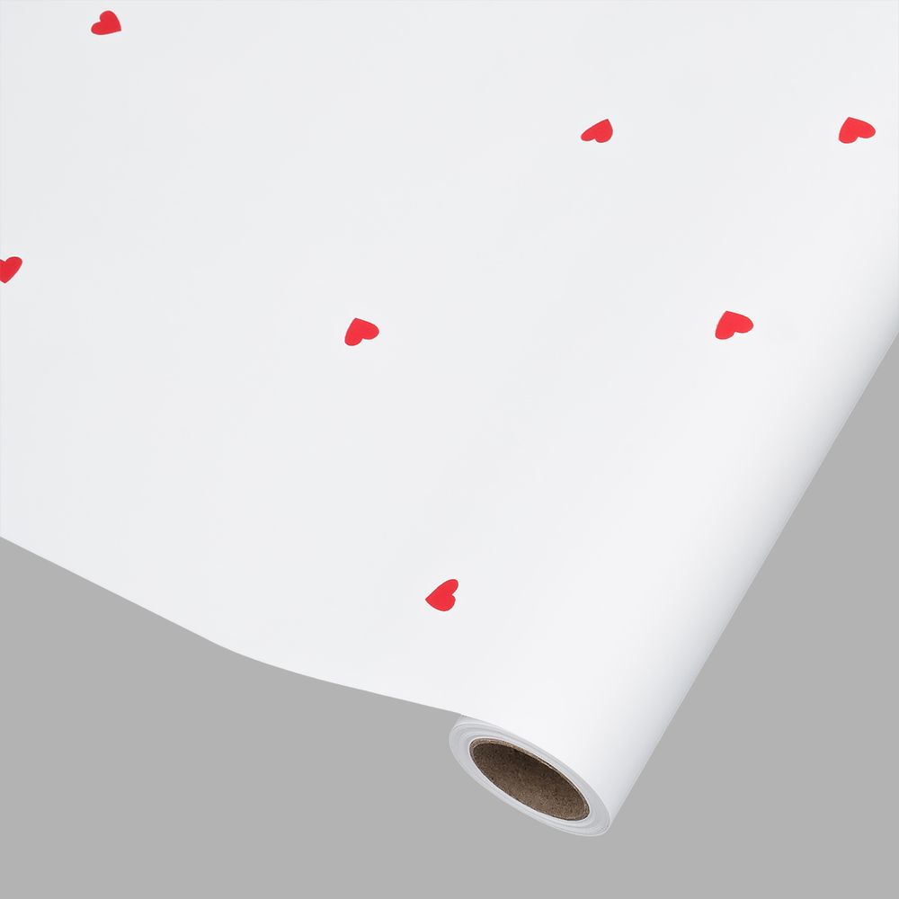 Пленка упаковочная для цветов и подарков Сердечки, 65 мкр, 58см / 10м ± 5% (VH2559 белый с красными сердечками)
