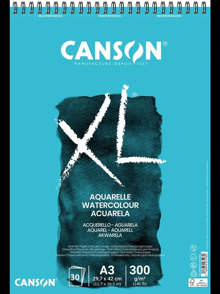 Альбом для акварели XL Aquarelle 300 г/м², A3 29.7х42 см, на спирали 30 л., Canson, C400039171