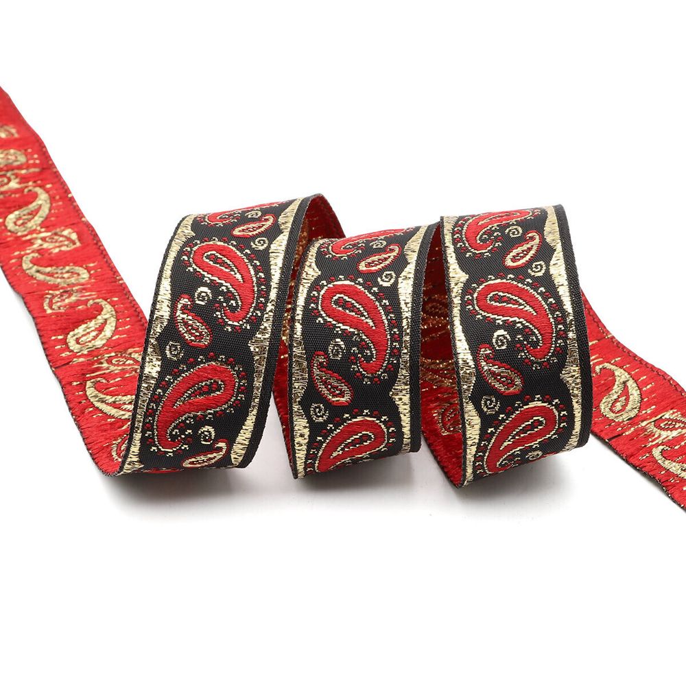 Лента (тесьма) жаккардовая 22.0 мм / 10±0.5 метров, Пейсли, 22807 черный/красный/золото