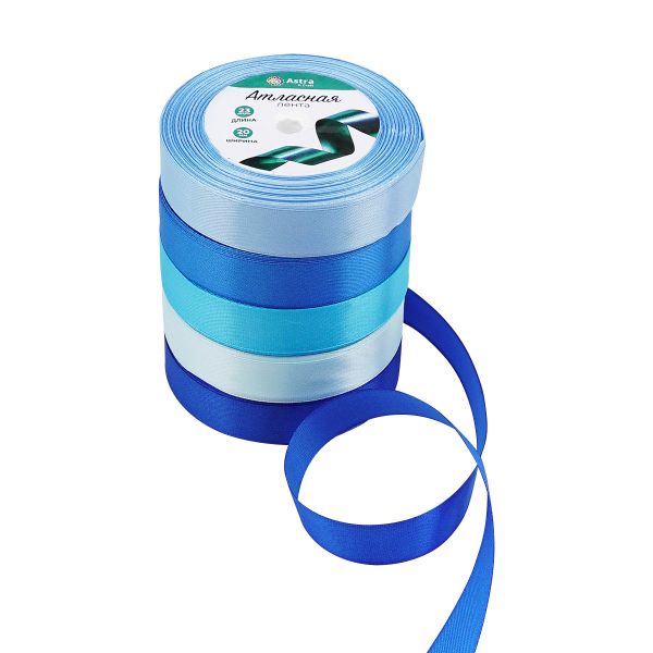 Набор атласных лент 5 цветов по 23.0 мм / 23 метра, синий микс