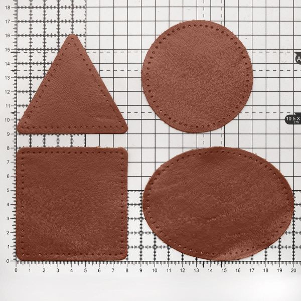Набор заплаток пришивных из кожи, круг, квадрат, треугольник, овал 8см, с перфорацией, 4 шт (02 светло-коричневый), 9743