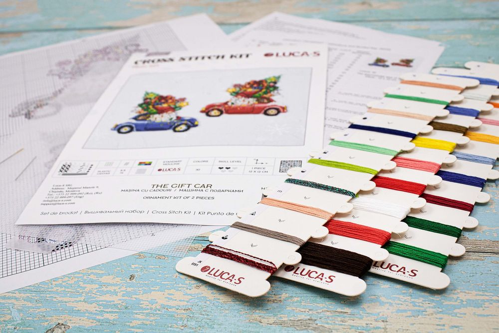 Набор для вышивания нитками Luca-S, Машина с подарками, 12х12 см