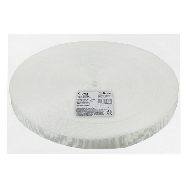 Стропа (ременная лента) 20 мм / 50 метров, толщ. 1.1 мм, [10 г/пог.м], 100% п/п, 01-1 белый, Gamma G-20 W