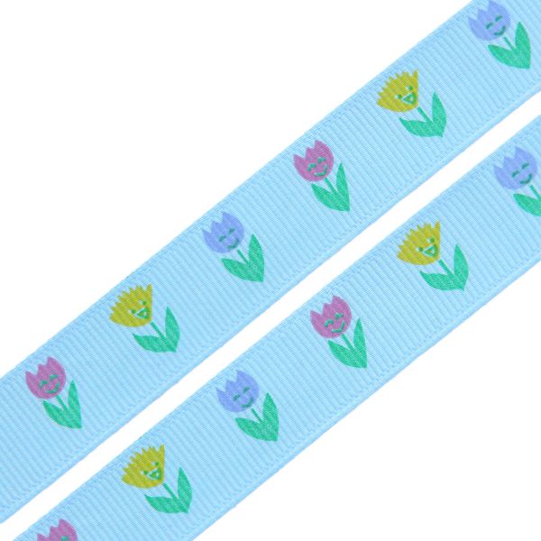 Лента репсовая (в рубчик) Тюльпаны, 15 мм, 3м, голубой