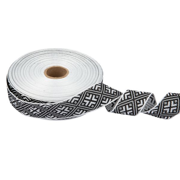 Лента (тесьма) жаккардовая 32.0 мм / 25 метров, Орнамент для северных народов, рис 9894 белый/черный, Gamma С3774