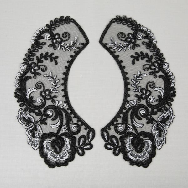 Пришивной кружевной воротник 100 мм, на сетке, 5 пар, Турция, черный/под серебро, Gamma VKRM-27-03