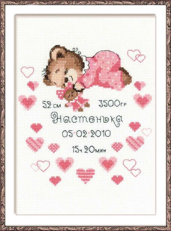 Набор для вышивания нитками Риолис, Метрика для девочки 18х24 см