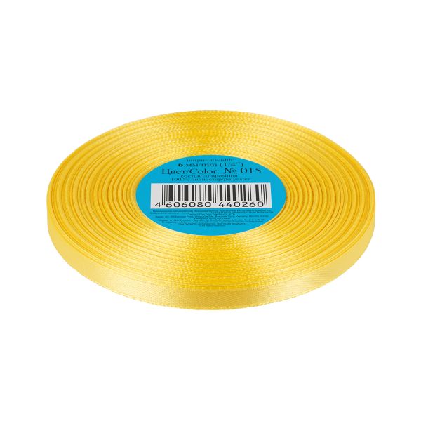Лента атласная 1-сторонняя 6.0 мм / 33±2 метра, №015 желтый, в термоплёнке, Gamma