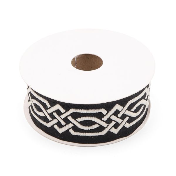 Лента (тесьма) жаккардовая 35.0 мм / 10±0.5 метров, бордюр Кельтский орнамент 35272 V9 черный/серебро