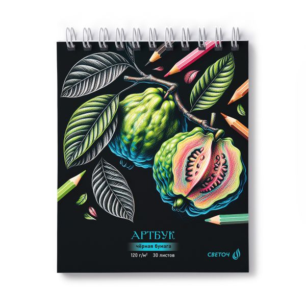 Артбук (скетчбук), блок черный, жесткая подложка, 120 г/м², 175х200 мм, на гребне 30 л. 2 шт, Экзотик 01944, Светоч А307