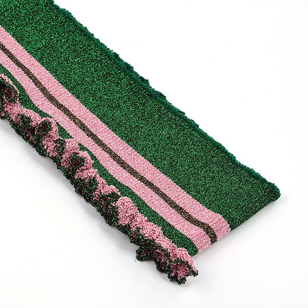 Подвяз (довяз) трикотажный зеленый с розовыми полосами с люрексом, 8х76см, уп. 5 шт