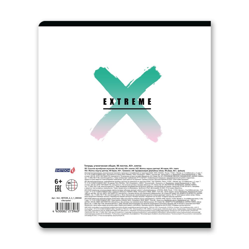 Тетрадь ученическая общая, выборочный лак, A5+ 96 л. на скобе, белизна 100%, 5 шт, клетка, 000344 Экстрим, Светоч 96ТСК5_4_3_1