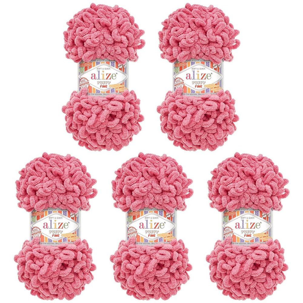 Пряжа Alize (Ализе) Puffy Fine / уп.5 мот. по 100 г, 14м, 178 розовая орхидея
