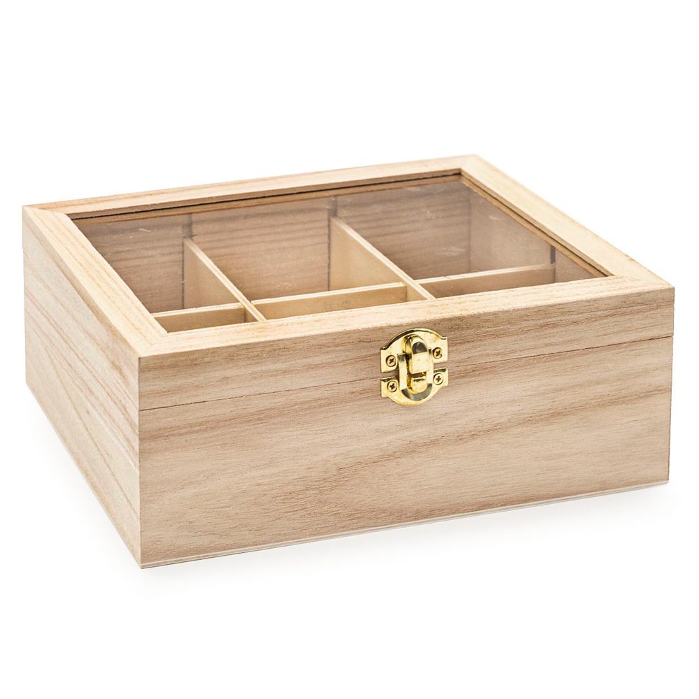 Заготовка для декорирования Шкатулка деревянная с шестью отсеками и с окном, павловния/фанера из тополя/оргстекло, 22х16х8.5см