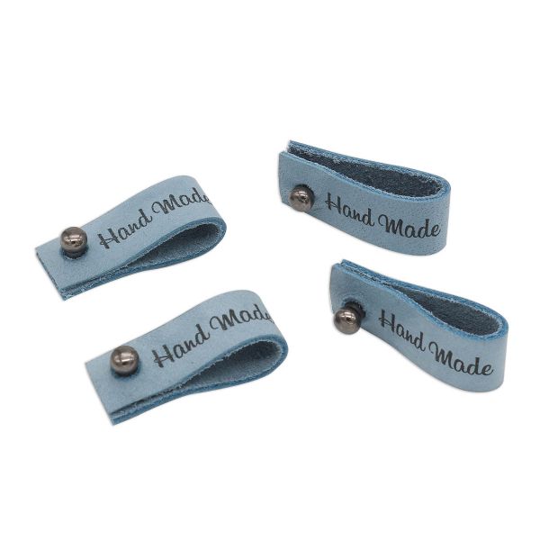 Бирка кожаная с кнопкой Hand Made 1,3х7см, уп.4 шт (голубой)