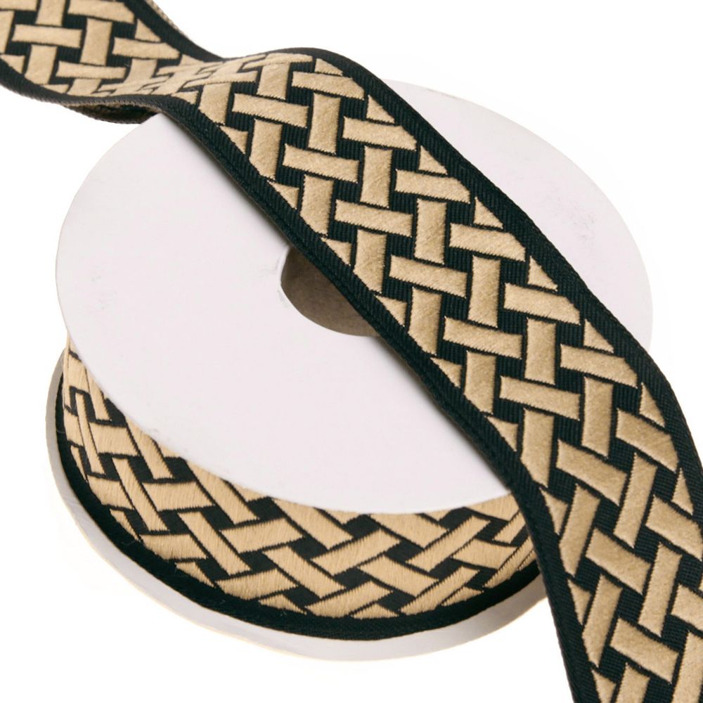 Лента (тесьма) жаккардовая 35.0 мм / 10±0.5 метров, бордюр Плетеный орнамент 35274 V10 черный/золото