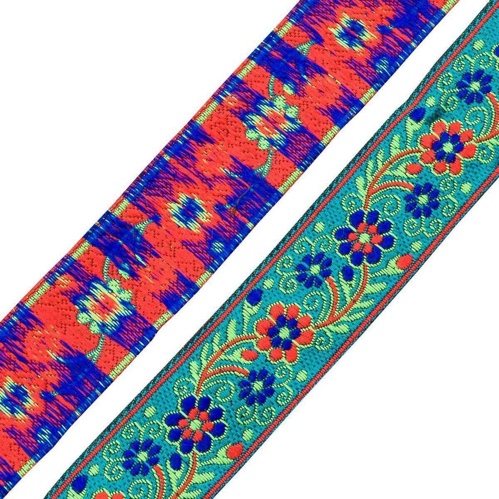 Лента (тесьма) жаккардовая 33.0 мм / 7 метров, бирюза с цветами, 11823