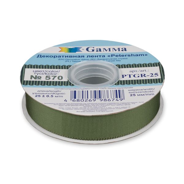 Лента репсовая (в рубчик) с зубчатым краем 25.0 мм, 25±1 метров, 570 хаки, Gamma PTGR-25