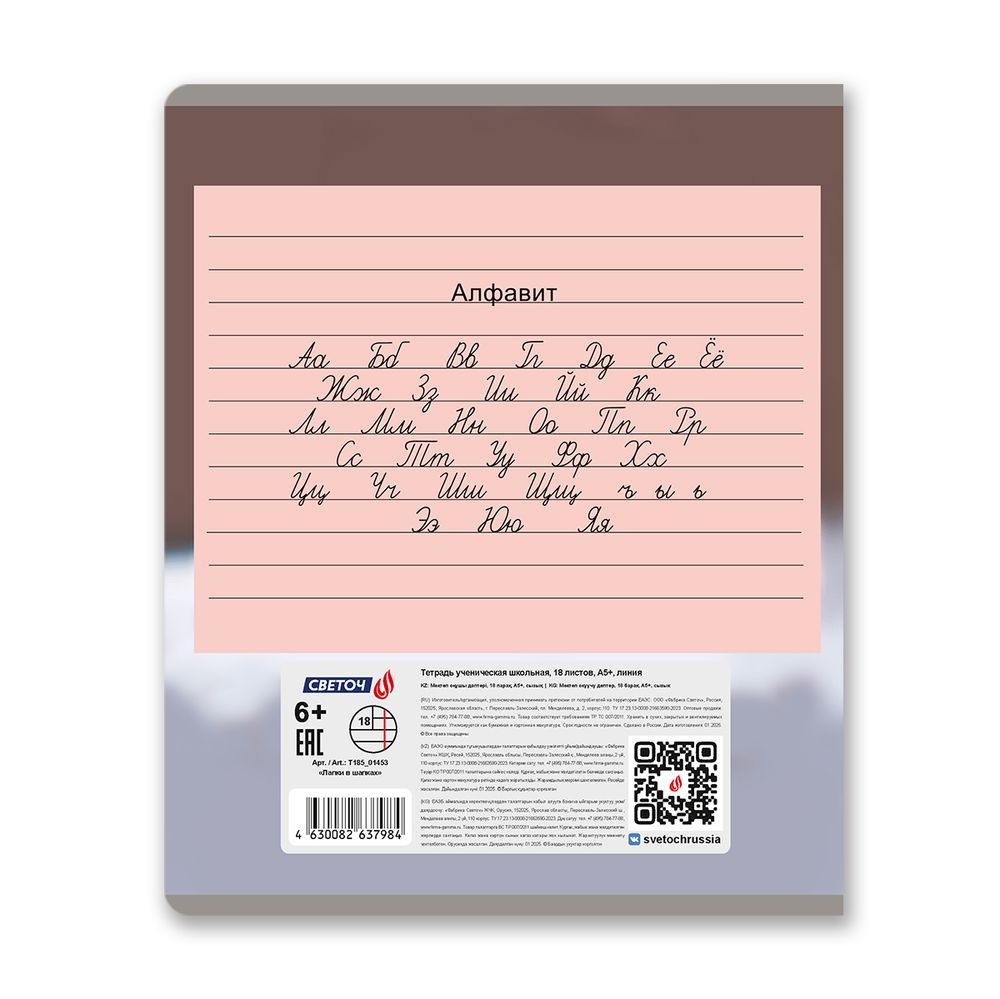 Тетрадь ученическая школьная, выборочный лак, A5 18 л. на скобе 65 г/м², белизна 100% 20 шт линия, 01453 Лапки в шапках, Светоч Т185