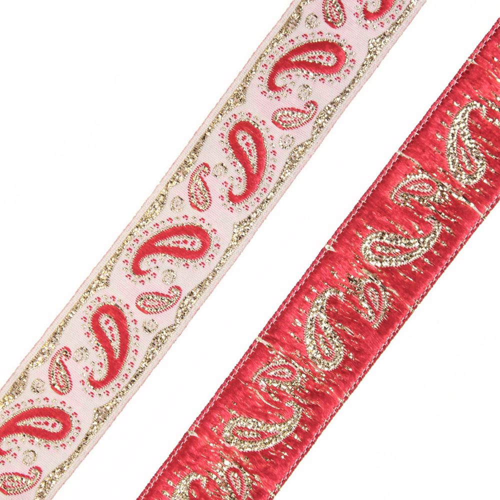 Лента (тесьма) жаккардовая 22.0 мм / 10±0.5 метров, Пейсли, 22807 белый/красный/золото