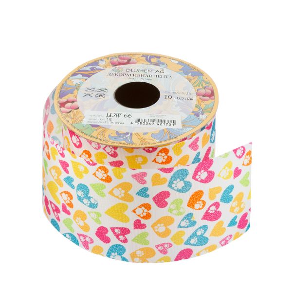 Лента декоративная 70 мм / 10±1 метров, 01 белый / Сердечки, Blumentag LRW-66