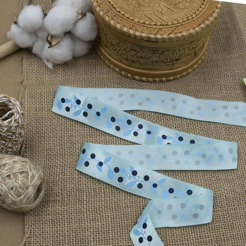 Лента атласная с рисунком 25.0 мм / 3 метра, Ягодная ветвь (голубой), Globus