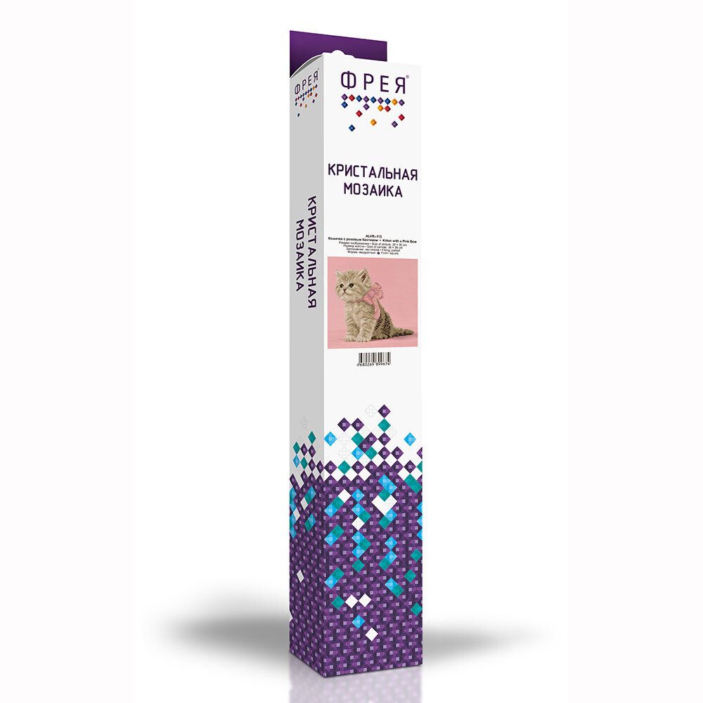 Алмазная (кристальная) мозаика Фрея, Кошечка с розовым бантиком, 30х30 см