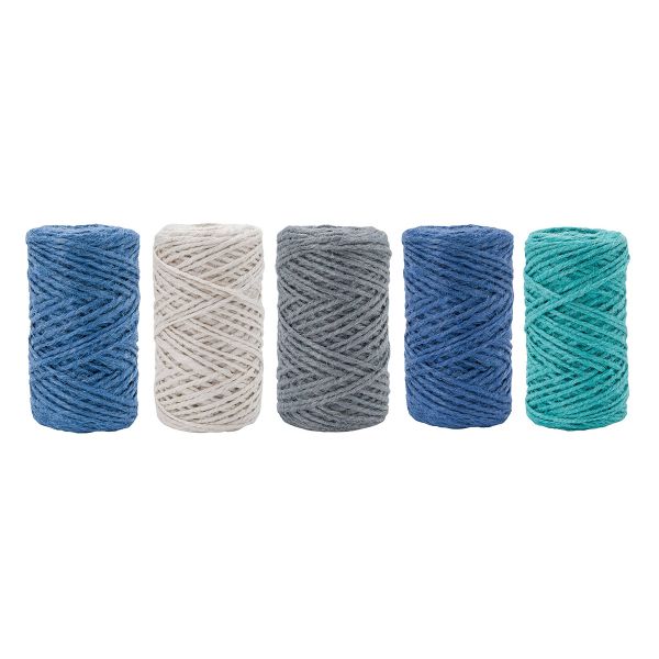 Шпагат джутовый ⌀1.4 мм / 50 метров (50 г), 2-ниточный, 1200 текс, евробобина, 5 шт, ассорти 1 (бирюзовый, синий, голубой, серый, белый)