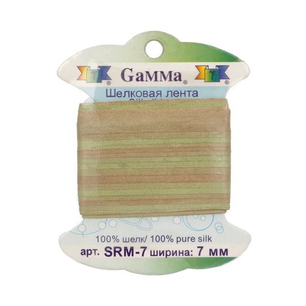 Лента (тесьма) шелковая 7.0 мм / 9.1±0.5 метров, M108 зеленый/св.коричневый, Gamma SRM-7