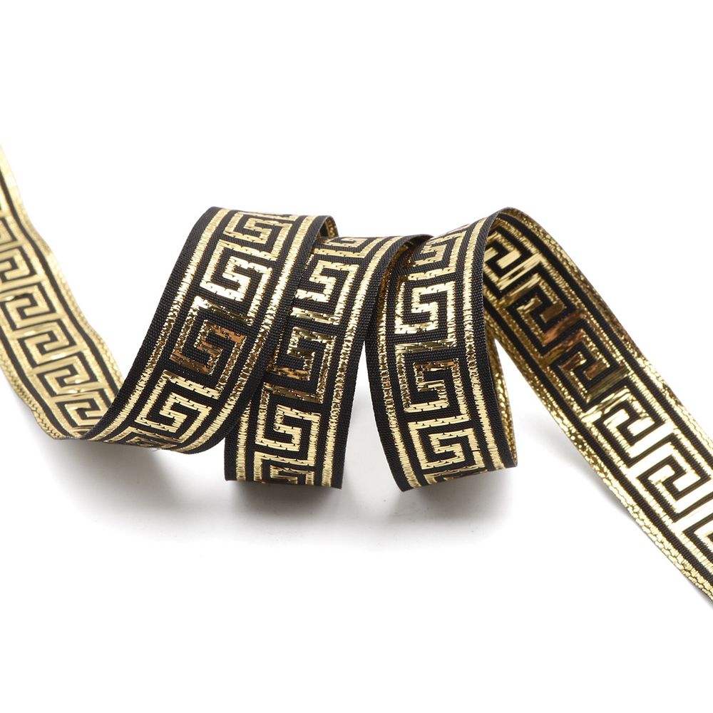 Лента (тесьма) жаккардовая 15.0 мм / 25±1 метров, (черный/золото), Меандр