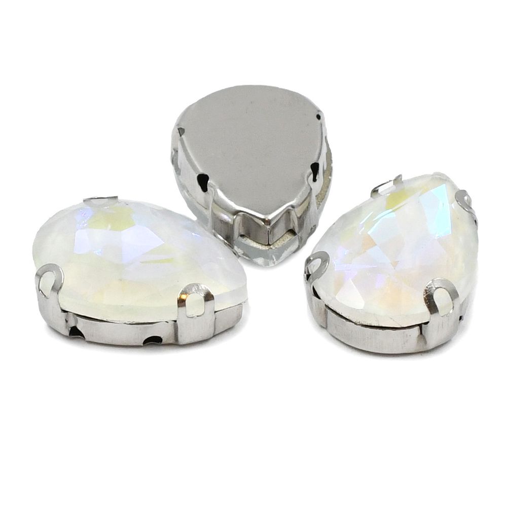 Хрустальные стразы в цапах формы капля, белый с покрытием AB 13х18 мм, 3 шт., АЦ002НН1318