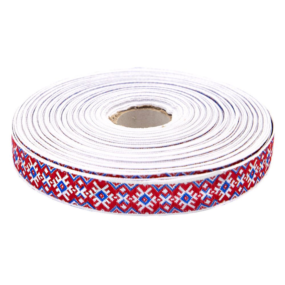 Лента (тесьма) жаккардовая 18.0 мм / 25±1 метров, Славянский орнамент Оберег, рис.9651 (1 белый/красный/синий) С3771Г17