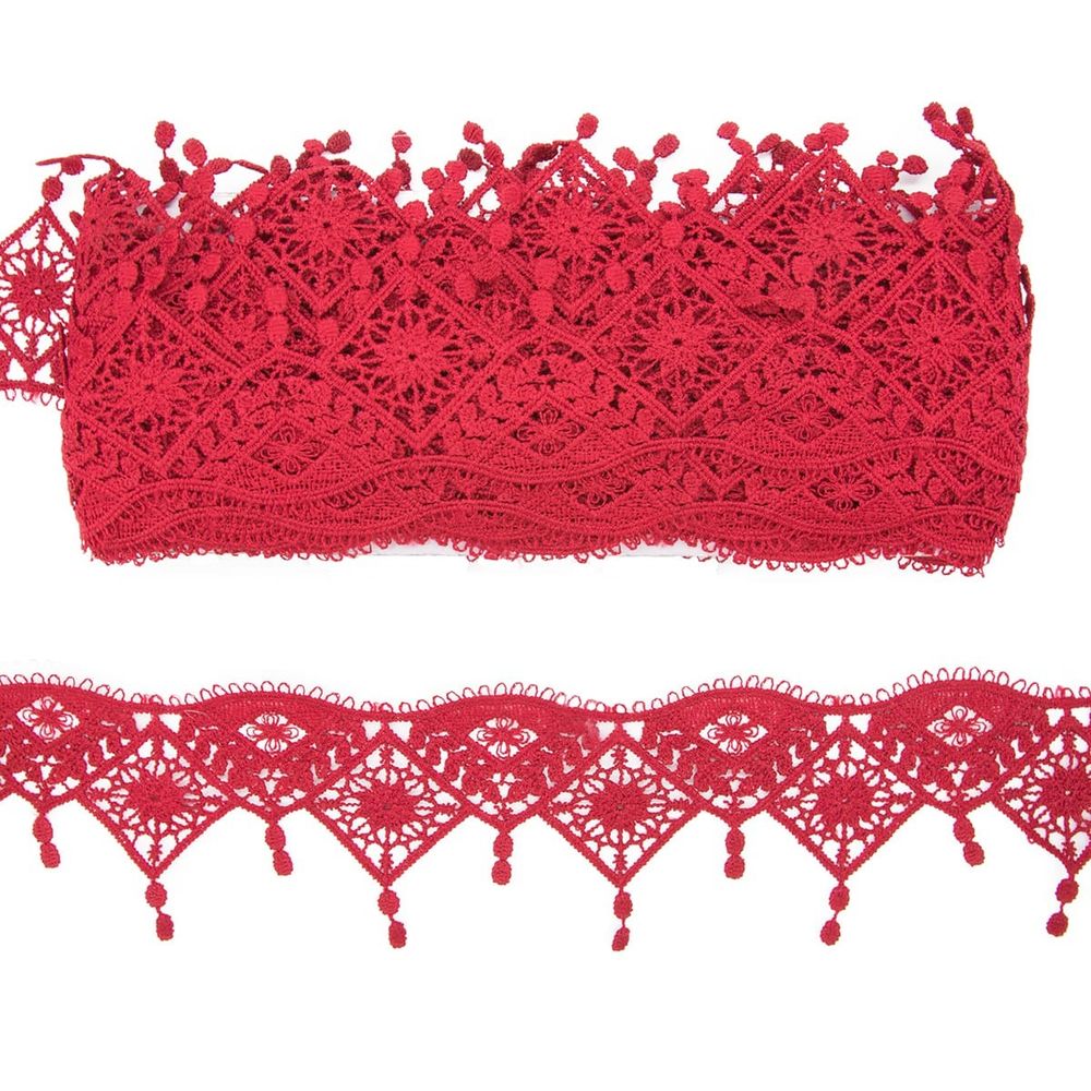 Кружево гипюр (плетёное) (матовое) 55 мм, с подвесками, 073 бордовый, 9.14 м