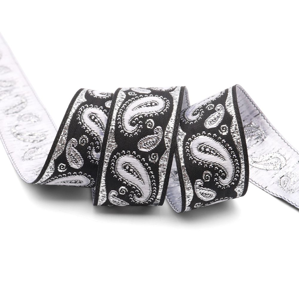 Лента (тесьма) жаккардовая 22.0 мм / 10±0.5 метров, Пейсли, 22807 черный/серебро