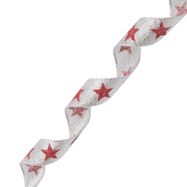 Лента декоративная Звезды, DM-007, 15.0 мм / 32,9м серебро/красный