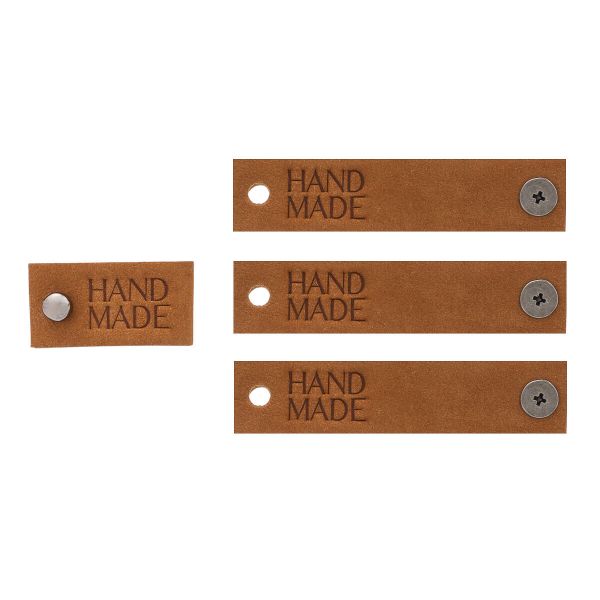 Кожаные бирки с тиснением на кнопке Hand Made 17х70 мм, 4 шт, коричневый