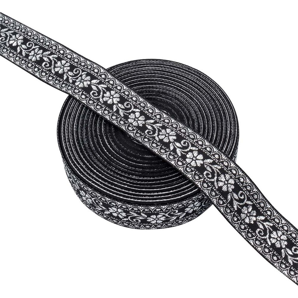 Лента (тесьма) жаккардовая 32.0 мм / 25±1 метров, с метанитом рис. 9842, черный/серебро, С3104Г17