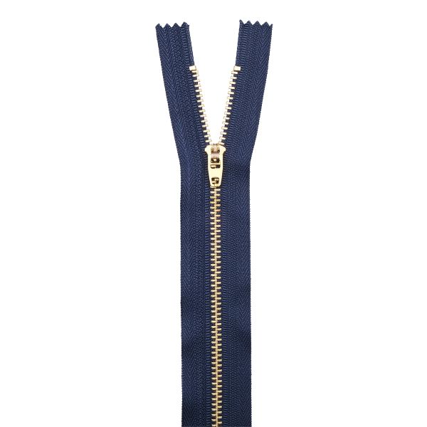 Молния металл джинсовая Т4 (4 мм) 1 зам., н/раз., 18 см, золото, F330 т.синий, уп. 10 шт