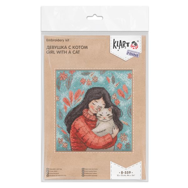 Набор для вышивания нитками Klart 8-559, Девушка с котом, 12х13 см