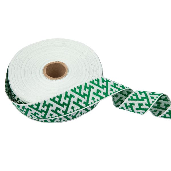 Лента (тесьма) жаккардовая 32.0 мм / 25 метров, Орнамент для северных народов, рис 9302 белый-зеленый, Gamma С3774