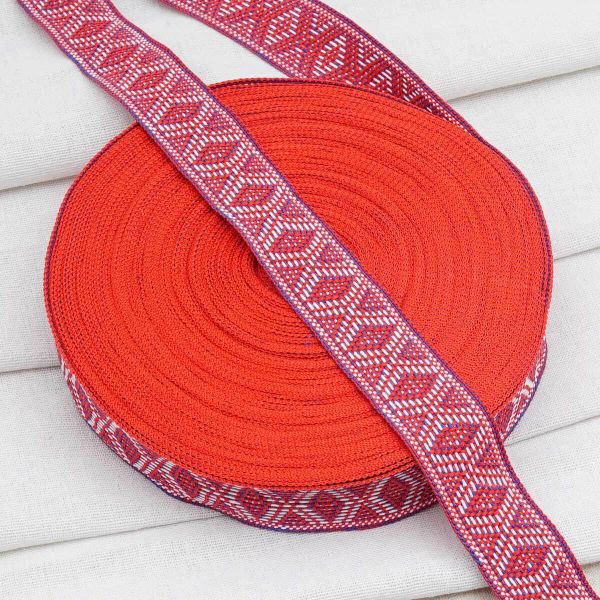 Лента (тесьма) жаккардовая 30.0 мм / 25±1 метров, рис. 9854, красный/синий/белый, С3881Г17