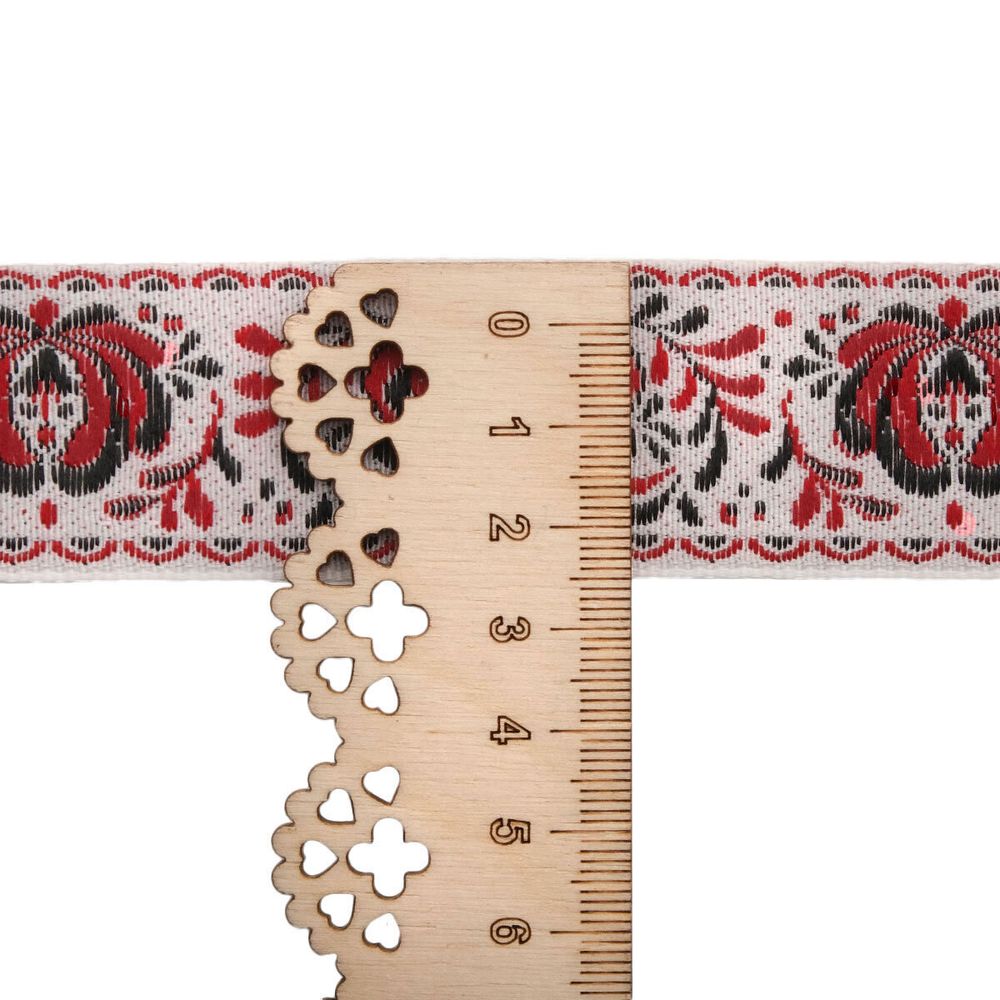 Лента (тесьма) жаккардовая 32.0 мм / 25±1 метров, рис. 9581 Гжель, (2 белый/красный/черный) С1853Г17