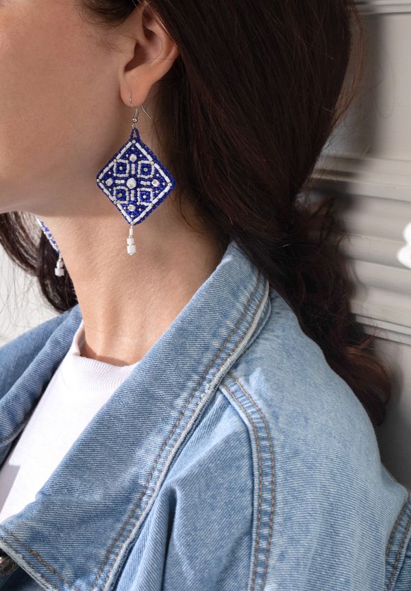Набор для вышивания бисером Klart, серьги квадратные Синий орнамент, 4,5х4,5 см