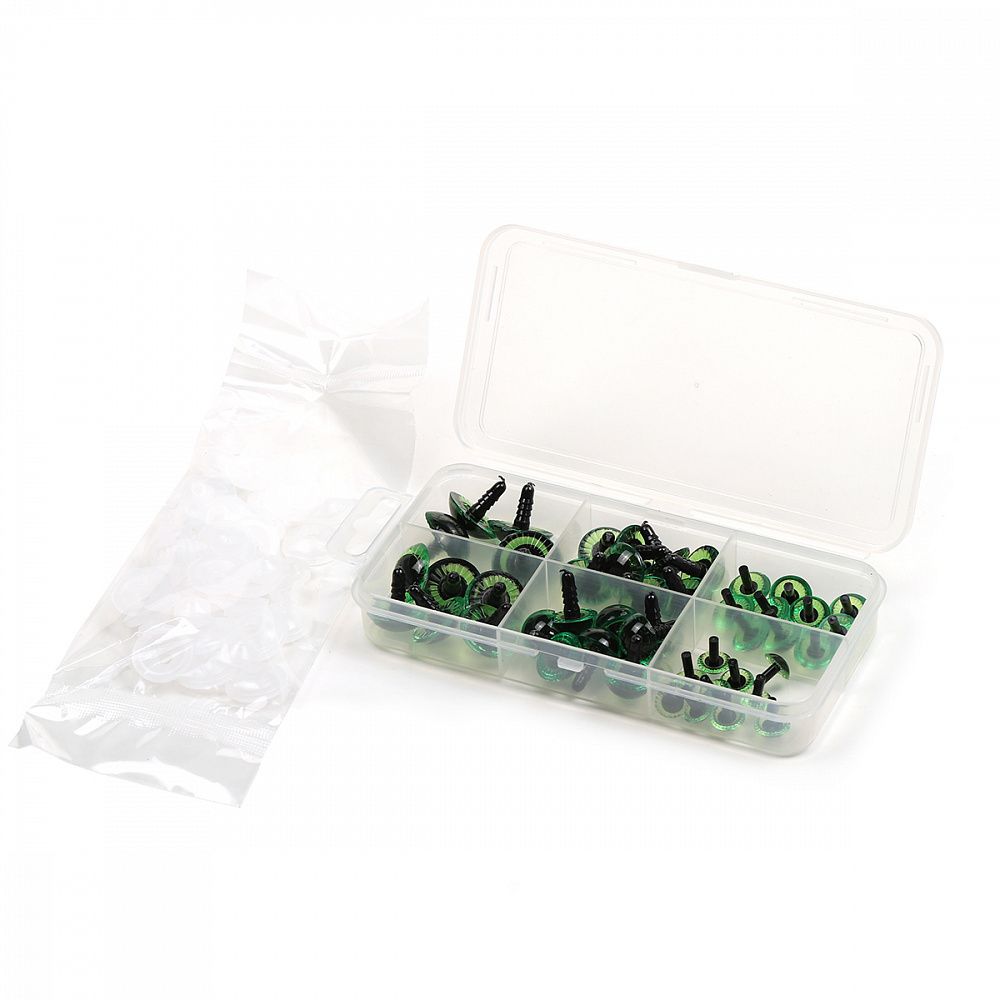 Набор глаз в органайзере винтовые пластик с лучиками зеленые d11-22мм 46 шт с фикс №5